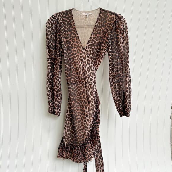 Ganni Tilden Leopard Sheer Ruched Mesh Bodycon Slip Wrap Mini Dress Ruffle Small - Picture 2 of 11